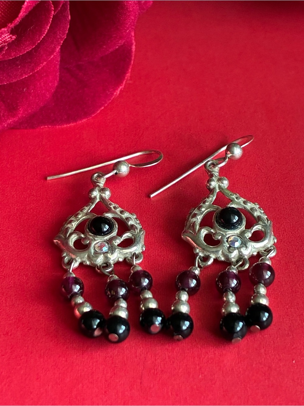 Sterling Silver Garnet Chandelier Earrings - Deep Red Beads